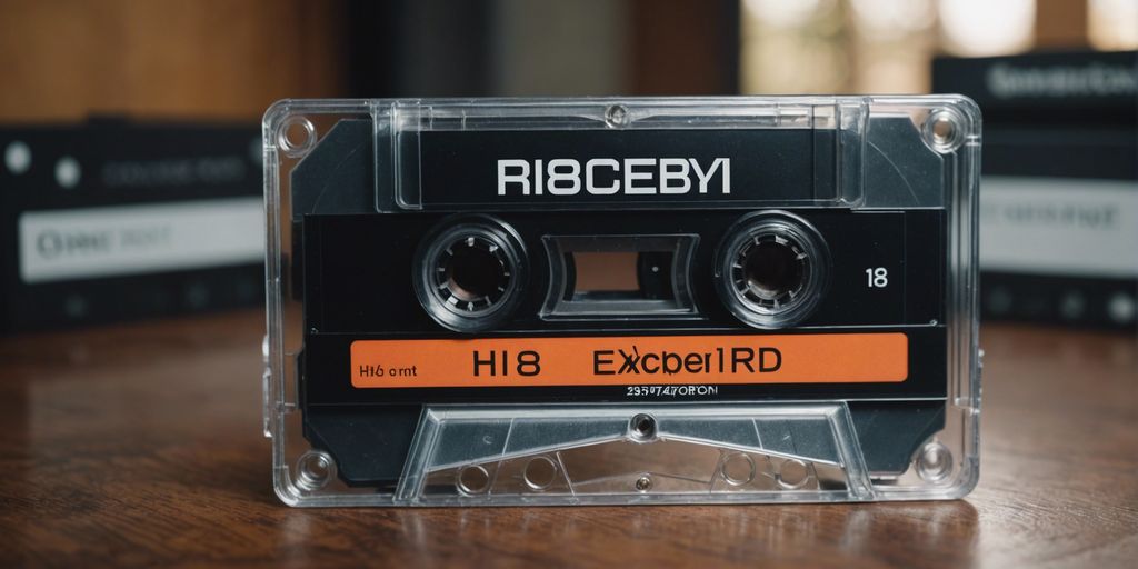 Close-up of a Hi8 cassette tape showing reels and label on a wooden surface.