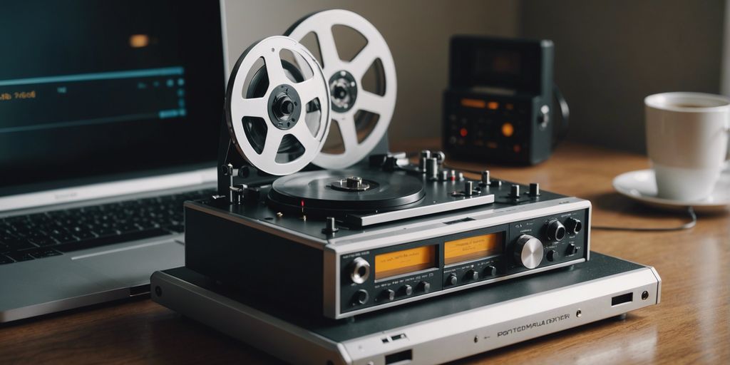 Vintage reel-to-reel tape recorder beside a laptop with audio editing software, illustrating the conversion to MP3 format.